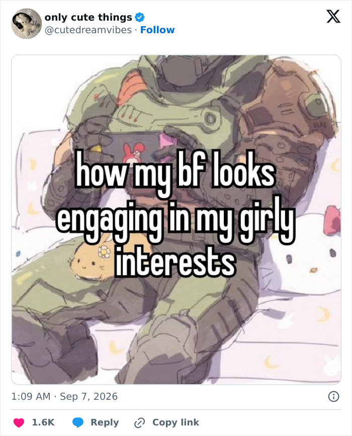 Drawing of armored figure embracing soft toys, illustrating engaging girly interests