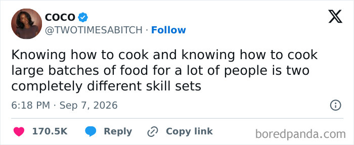 Adulting meme about cooking for large groups versus cooking skill