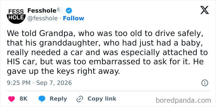 A social media post detailing anonymous confessions about convincing a grandfather to stop driving safely.