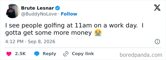 Tweet about seeing people golfing on a work day and wanting more money in adult life memes