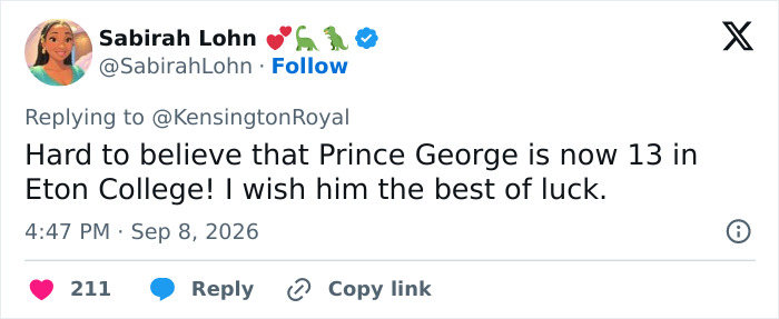 Social media post wishing Prince George good luck at Eton College. Social media post wishing Prince George good luck at Eton College.