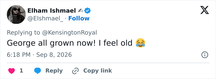 X post commenting on Prince George being all grown up now. X post commenting on Prince George being all grown up now.