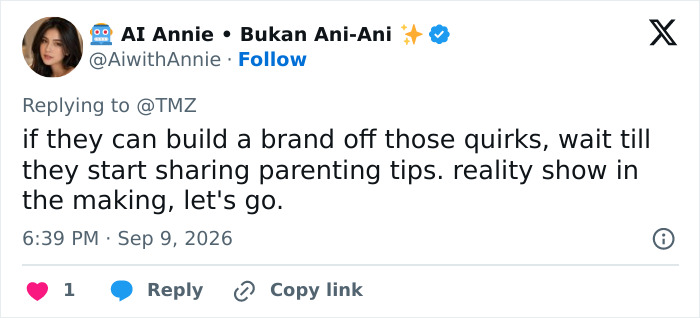 X user reacts to the interabled couple’s pregnancy announcement, predicting a parenting brand.