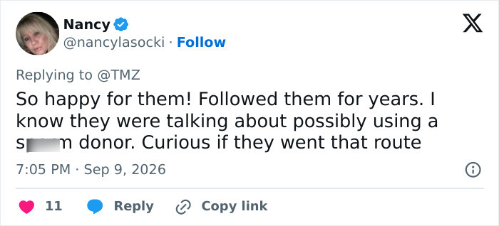 Nancy comments on the interabled couple’s pregnancy post, mentioning a s***m donor.