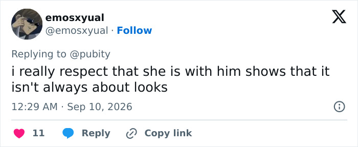 A social media tweet expressing respect for an interabled couple and their relationship values.