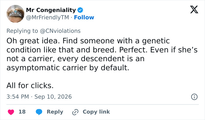 A social media tweet discussing genetic conditions and family planning, referring to an interabled couple.