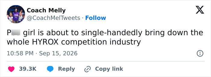 Screenshot of a social media post commenting on a HYROX competition event.