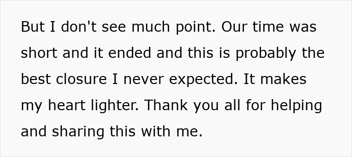 Text post about finding closure after returning a family heirloom ring to her ex-husband. Text post about finding closure after returning a family heirloom ring to her ex-husband.