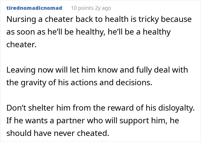 A online comment advising not to support a cheating partner after heart surgery.