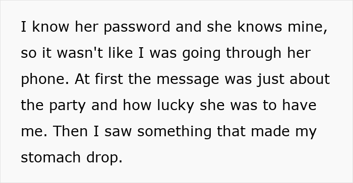 Text recounting a husband finding a troubling phone message following his wife's girls' trip.