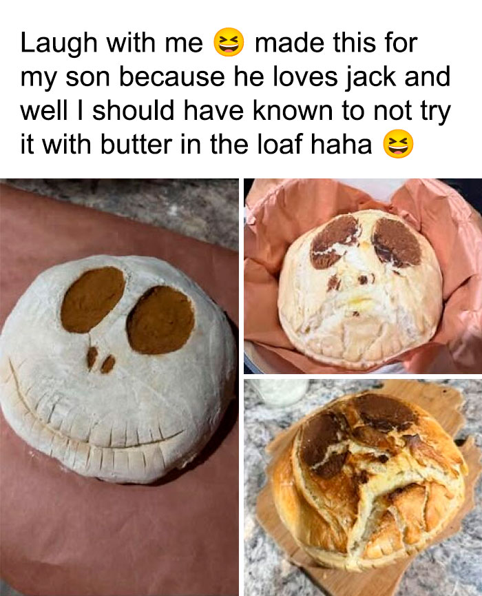 Failures in baking Jack Skellington face bread, a hilarious art project and cooking disaster.