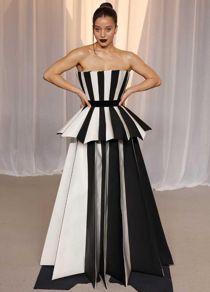 Black and white striped avant-garde gown at Academy Museum Gala