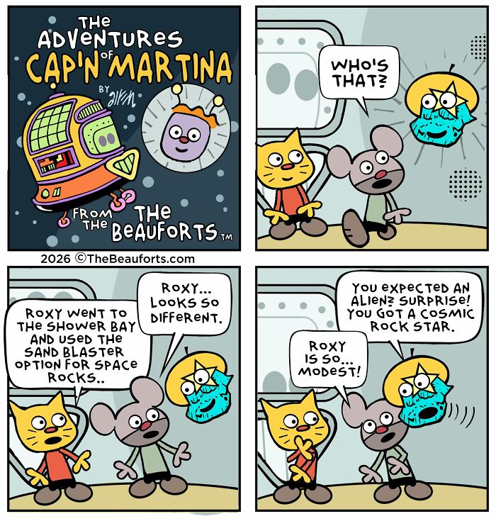 Funny space comics featuring cartoon characters talking about a cosmic rock star. Funny space comics featuring cartoon characters talking about a cosmic rock star.