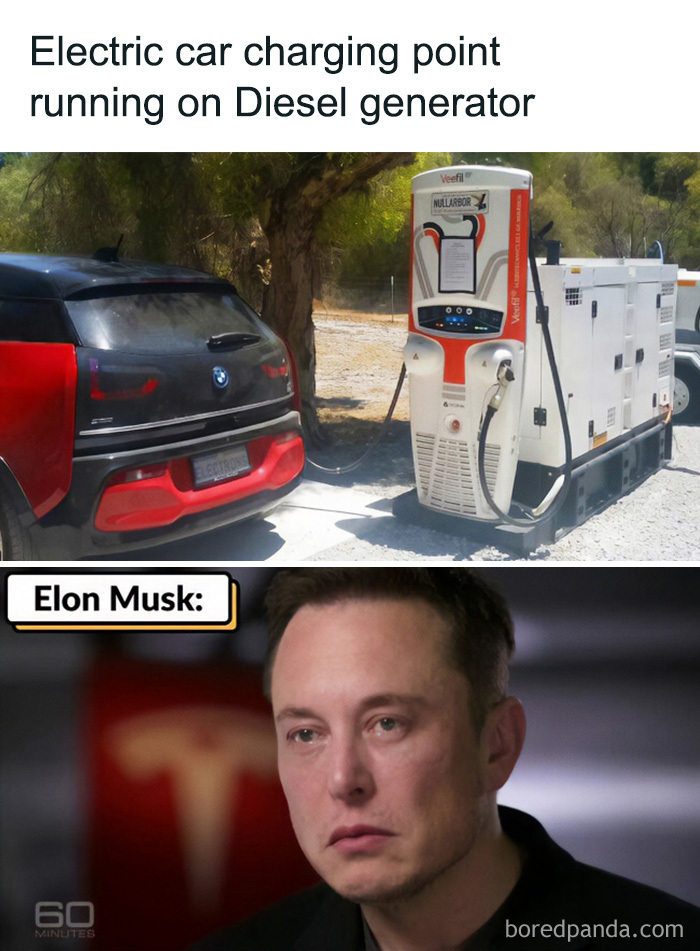 An electric car charging station powered by a diesel generator next to a crying Elon Musk in a physics post.