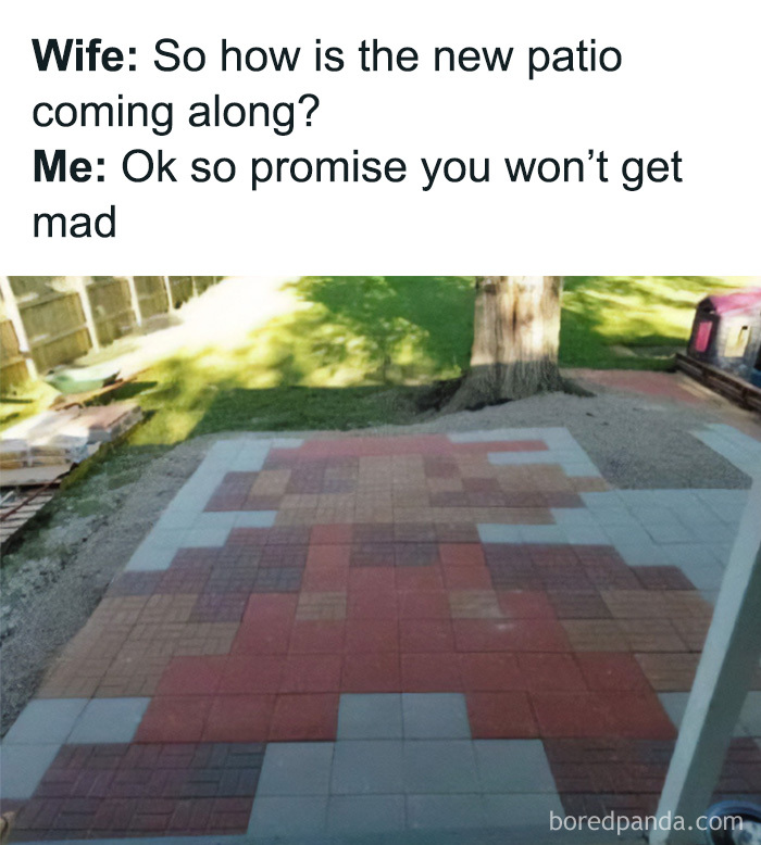 Patio pavers arranged to form a Mario figure representing funny cringe construction fails memes