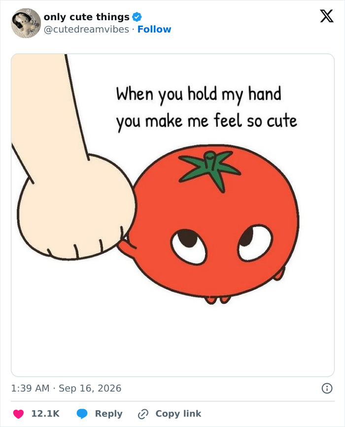 Cute cartoon tomato holding a hand with text about feeling cute