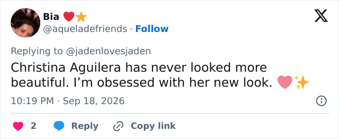A social media post complimenting Christina Aguilera bold fashion move and praising her beautiful new look.