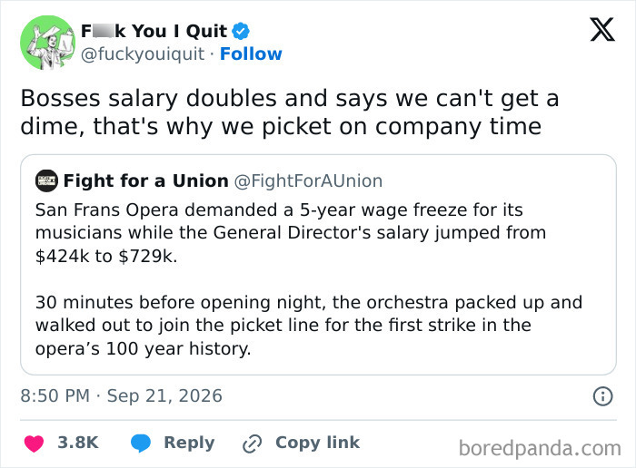 Tweet on boss salary doubling and workers picketing in labor union protest
