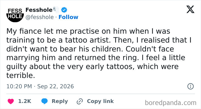 Anonymous confessions post about a person returning an engagement ring after practicing tattoos on their fiancé.