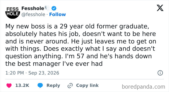 Anonymous confessions post about a worker praising their young hands-off manager.