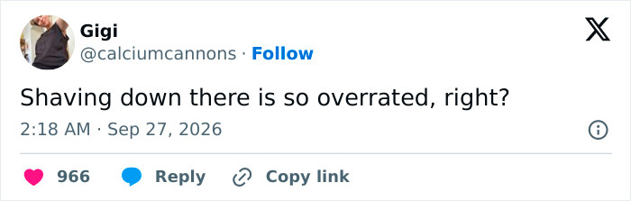 A post by user Gigi asking if shaving down there is overrated. A post by user Gigi asking if shaving down there is overrated.