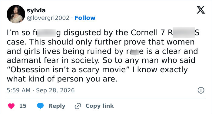 A social media post addressing the serious nature of the Cornell 7 case and a horror film comparison.