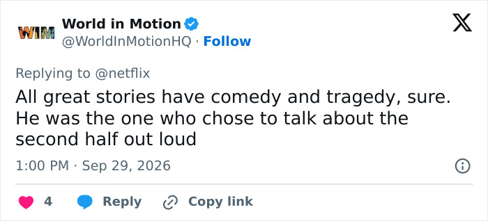A social media user sharing thoughts on comedy and tragedy in storytelling.