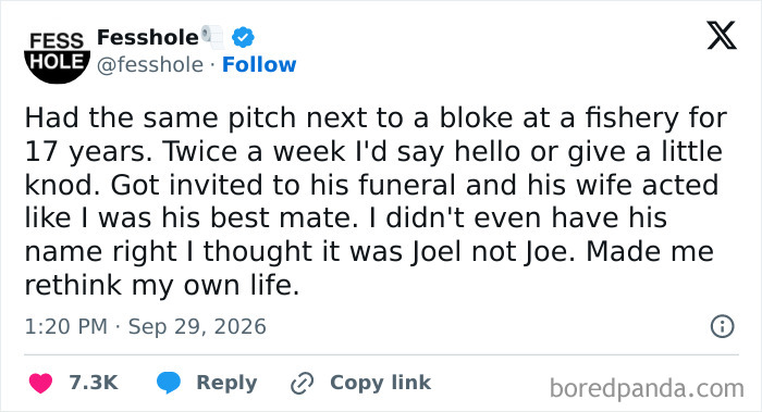 Anonymous confessions post about attending a fishing acquaintance's funeral and rethinking life.