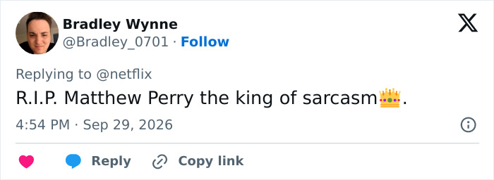 X post paying tribute to actor Matthew Perry, calling him the king of sarcasm after his passing.