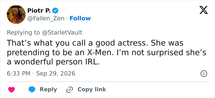 A social media user calling the Hollywood star a good actress who is wonderful in real-life. A social media user calling the Hollywood star a good actress who is wonderful in real-life.