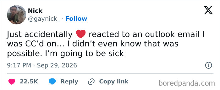 Relatable work tweet about accidentally reacting to an Outlook email with a heart emoji.