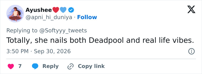 A social media comment about a Hollywood Star's Real-Life Appearance showing appreciation for her breakout role. A social media comment about a Hollywood Star's Real-Life Appearance showing appreciation for her breakout role.