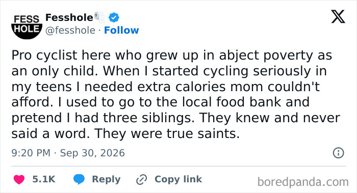 Anonymous confessions post about a cyclist lying to a food bank for extra calories in poverty.