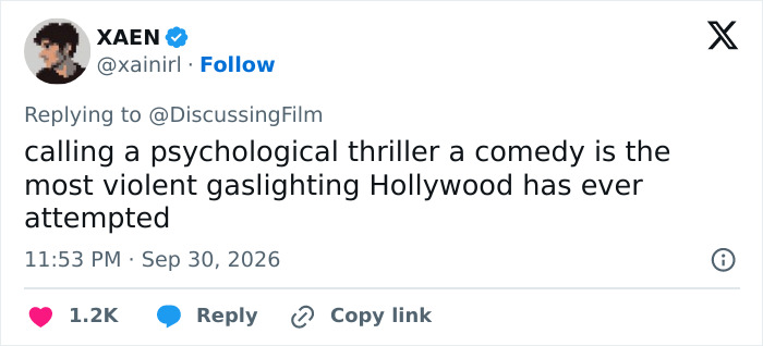 Tweet by @xainirl criticizing Hollywood calling a psychological thriller a comedy amid Cornell 7 backlash