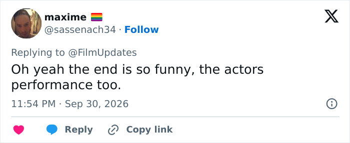 A tweet mockingly commenting on the performance in a horror hit ending.