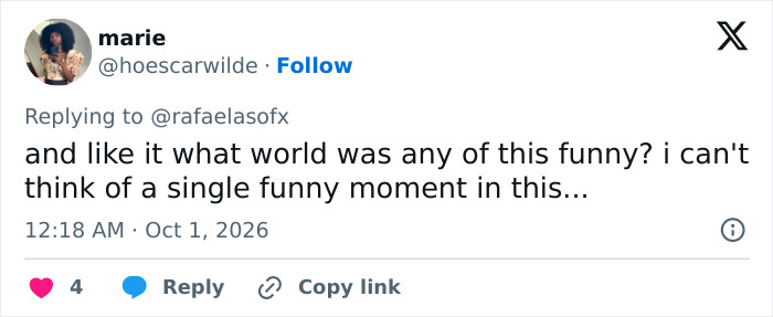 A social media user questioning how the horror hit could be considered funny amidst the tasteless award move.