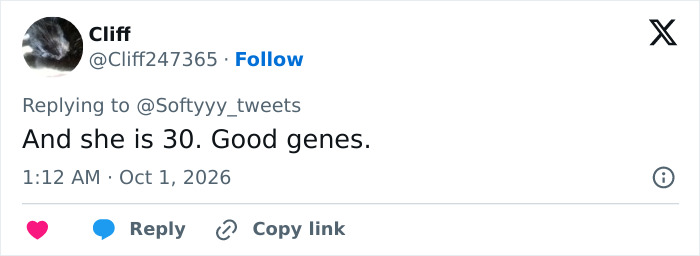 A fan tweet commenting on a Hollywood Star's Real-Life Appearance and good genes. A fan tweet commenting on a Hollywood Star's Real-Life Appearance and good genes.