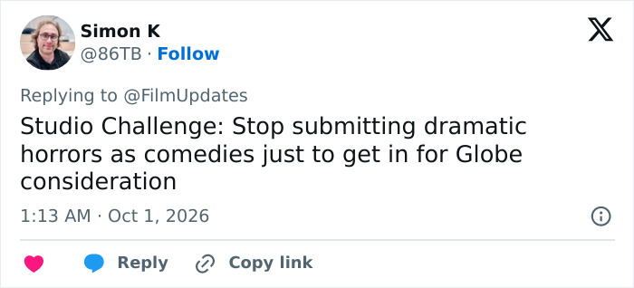 A tweet urging studios not to submit a dramatic horror hit as a comedy for awards.