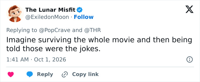 A social post critiquing a movie with horror hit elements, questioning the jokes in the film.