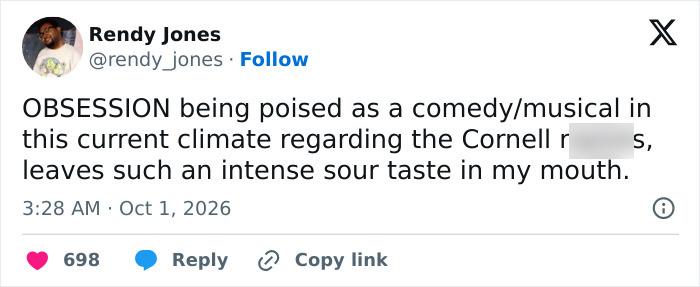 Tweet expressing backlash about a comedy musical and the Cornell 7 case
