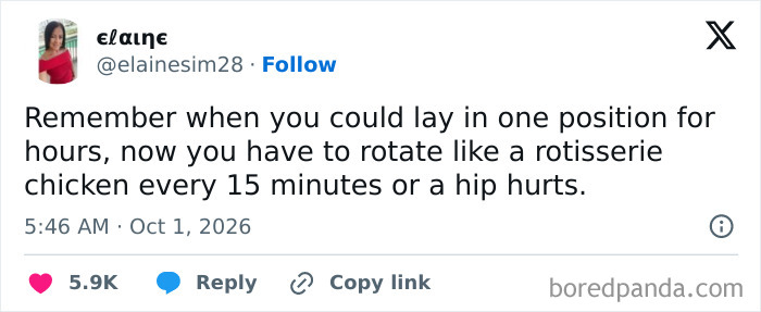 Funny meme about adult hip pain and rotating like a rotisserie chicken