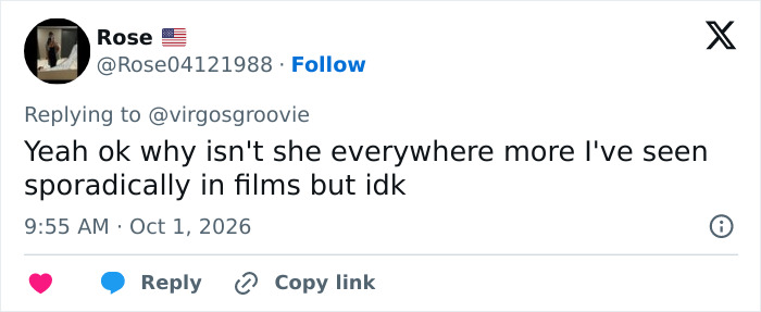 Social media comment from fan asking why the Hollywood actress isn't in more films.