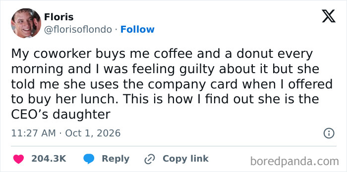 Relatable work tweet about a coworker buying coffee and finding out she is the CEO's daughter.