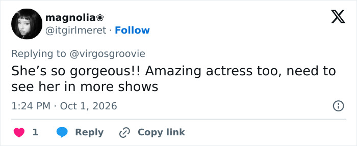 Social media post praising a gorgeous Hollywood Actress and her amazing acting skills.