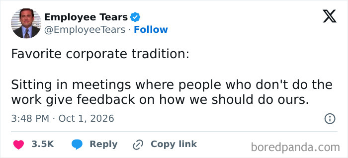 A funny work tweet about corporate meetings as a tradition, illustrating relatable work tweets.