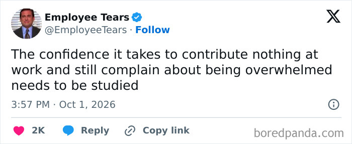 A humorous work tweet about slacking colleagues, capturing the humor of relatable work tweets.
