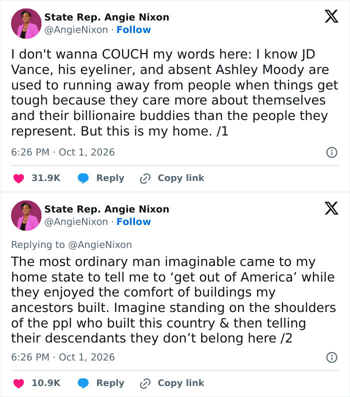 A social media post by State Rep Angie Nixon replying to comments made by JD Vance. A social media post by State Rep Angie Nixon replying to comments made by JD Vance.