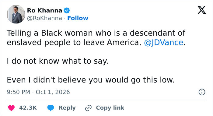 A social media post on X criticizing JD Vance for telling a Black lawmaker to leave America. A social media post on X criticizing JD Vance for telling a Black lawmaker to leave America.
