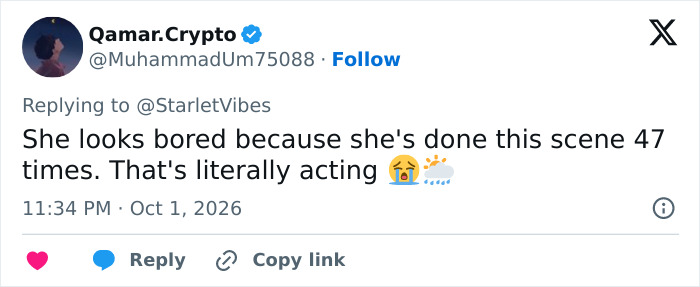 A tweet by user Qamar.Crypto discussing Florence Pugh's steamy scene