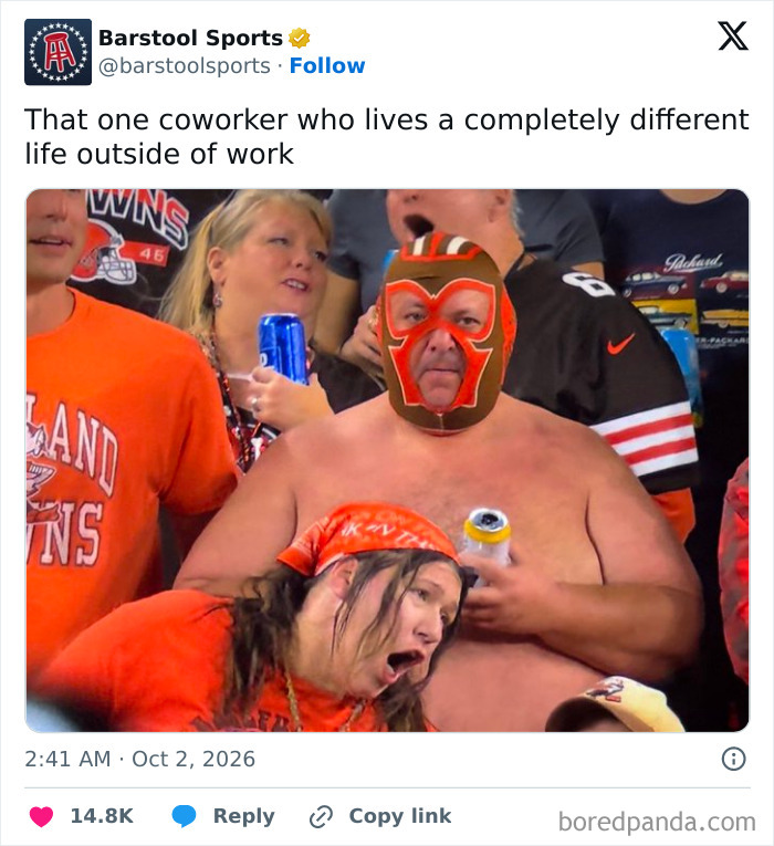 A funny work tweet about a coworker who lives a completely different life outside of the office.